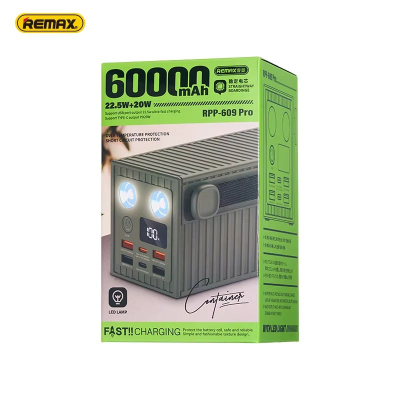 بطارية متنقلة REMAX سعة 60000mAh مع شحن سريع 22.5W+20W، مزودة بإضاءة LED مزدوجة، قابلة للحمل مع مقبض - RPP-609 برو بطارية متنقلة REMAX سعة 60000mAh مع شحن سريع 22.5W+20W، مزودة بإضاءة LED مزدوجة، قابلة للحمل مع مقبض - RPP-609 برو