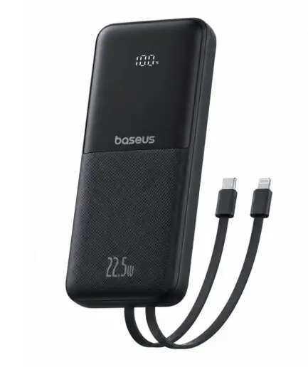 Baseus Lipow PPJP312 Power Bank USB + Type-C + Micro 22.5W Fast Charging 20000mAh Built-in 2 Cables - Black