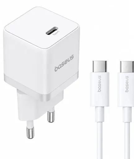 Baseus Palm CCZC20CE Mini Wall Charger PD Type-C + Type-C Cable 20W Fast Charging - White