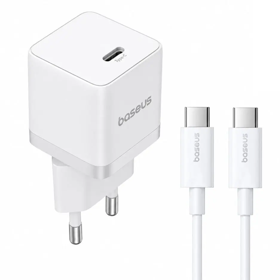 Baseus Palm CCZC20CE Mini Wall Charger PD Type-C + Type-C Cable 20W Fast Charging - White