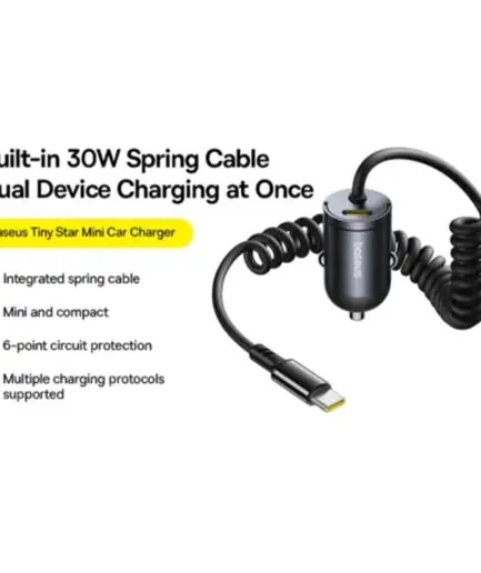 Baseus Tiny Star VCHXX-C-C Mini Car Charger Type-C With Built-in Type-C Cable 30W Fast Charging - Black