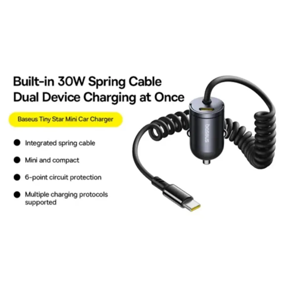 Baseus Tiny Star VCHXX-C-C Mini Car Charger Type-C With Built-in Type-C Cable 30W Fast Charging - Black