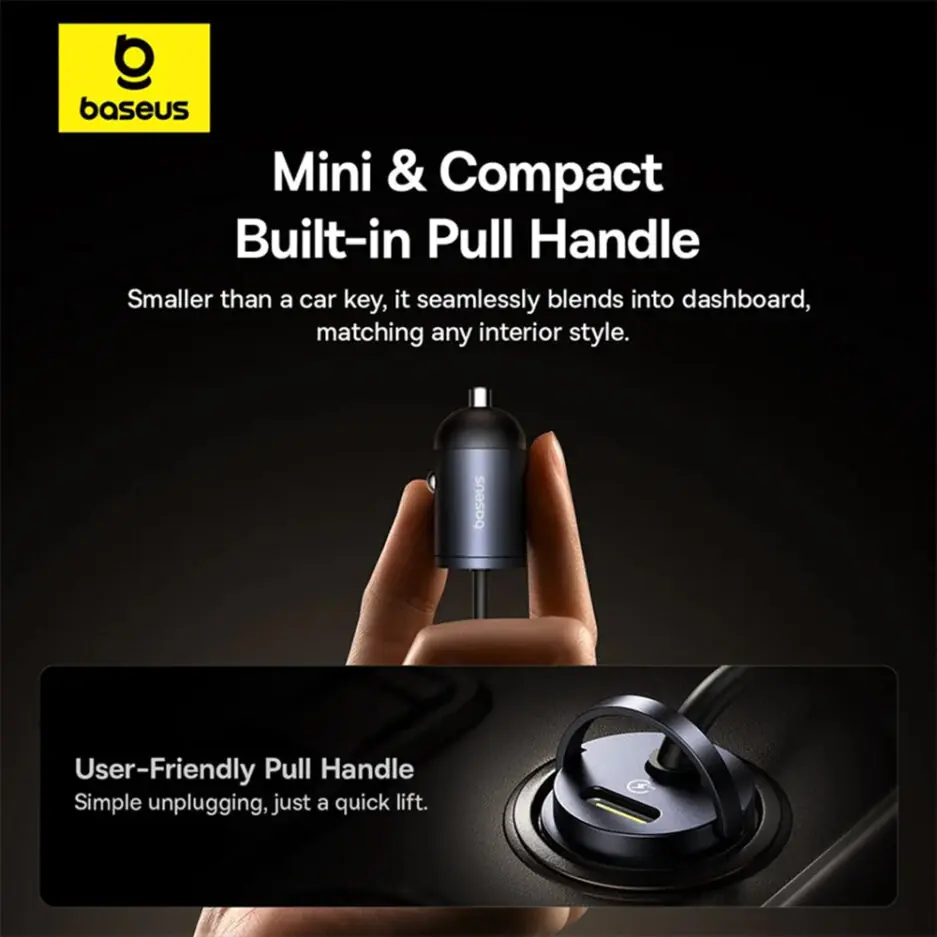 Baseus Tiny Star VCHXX-C-C Mini Car Charger Type-C With Built-in Type-C Cable 30W Fast Charging - Black