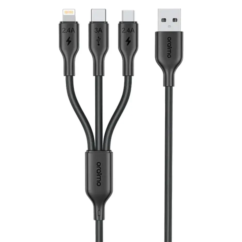 Oraimo Duraline 4 OCD-118MCL USB To Type-C + Micro + Lightning 3in1 Cable 3A 60W Fast Charging 1.2m - Black
