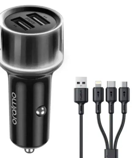Oraimo Highway 15 OCC-1152D Car Charger 2x USB + Type-C + Micro + Lightning 3in1 Cable 15.5W - Black