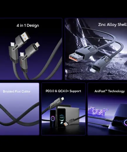 Oraimo OCD-155 USB + Type-C To Type-C + Lightning 4in1 Cable 65W Fast Charging 1m - Black