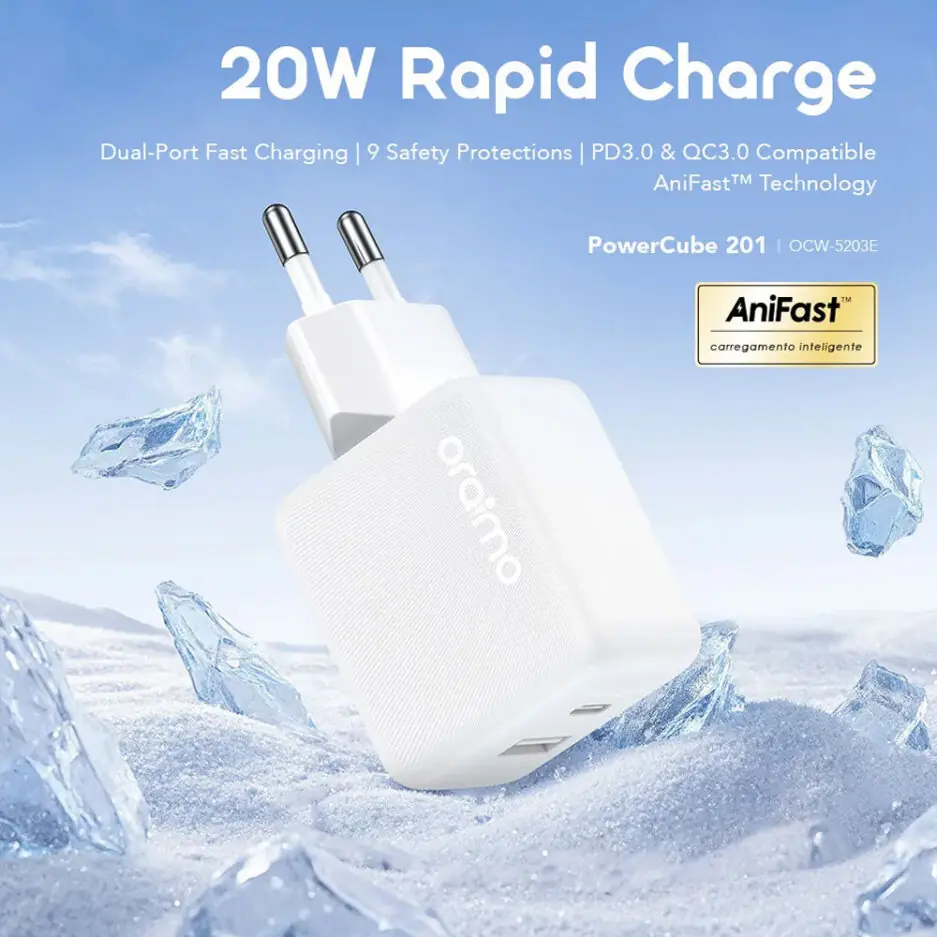 Oraimo PowerCube 201 OCW-5203ECL Wall Charger PD Type-C + USB + Lightning Cable 20W Fast Charging - White