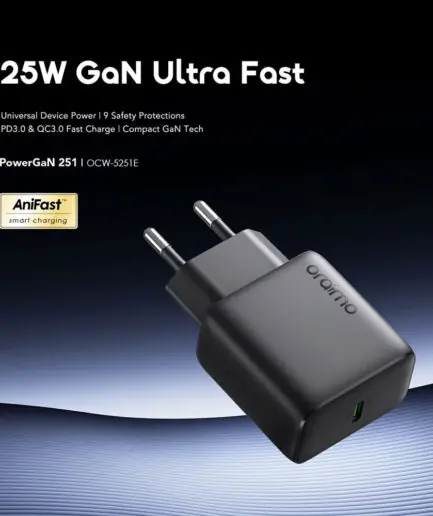 Oraimo PowerGaN 251 OCW-5251ECC Wall Charger PD Type-C 25W Fast Charging - Black