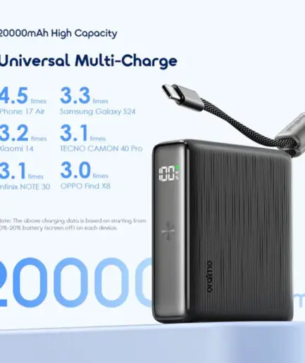 Oraimo PowerNova L21 OPB-7203C Power Bank USB + Type-C 30W Fast Charging 20000mAh Built-In Type-C Cable - Black