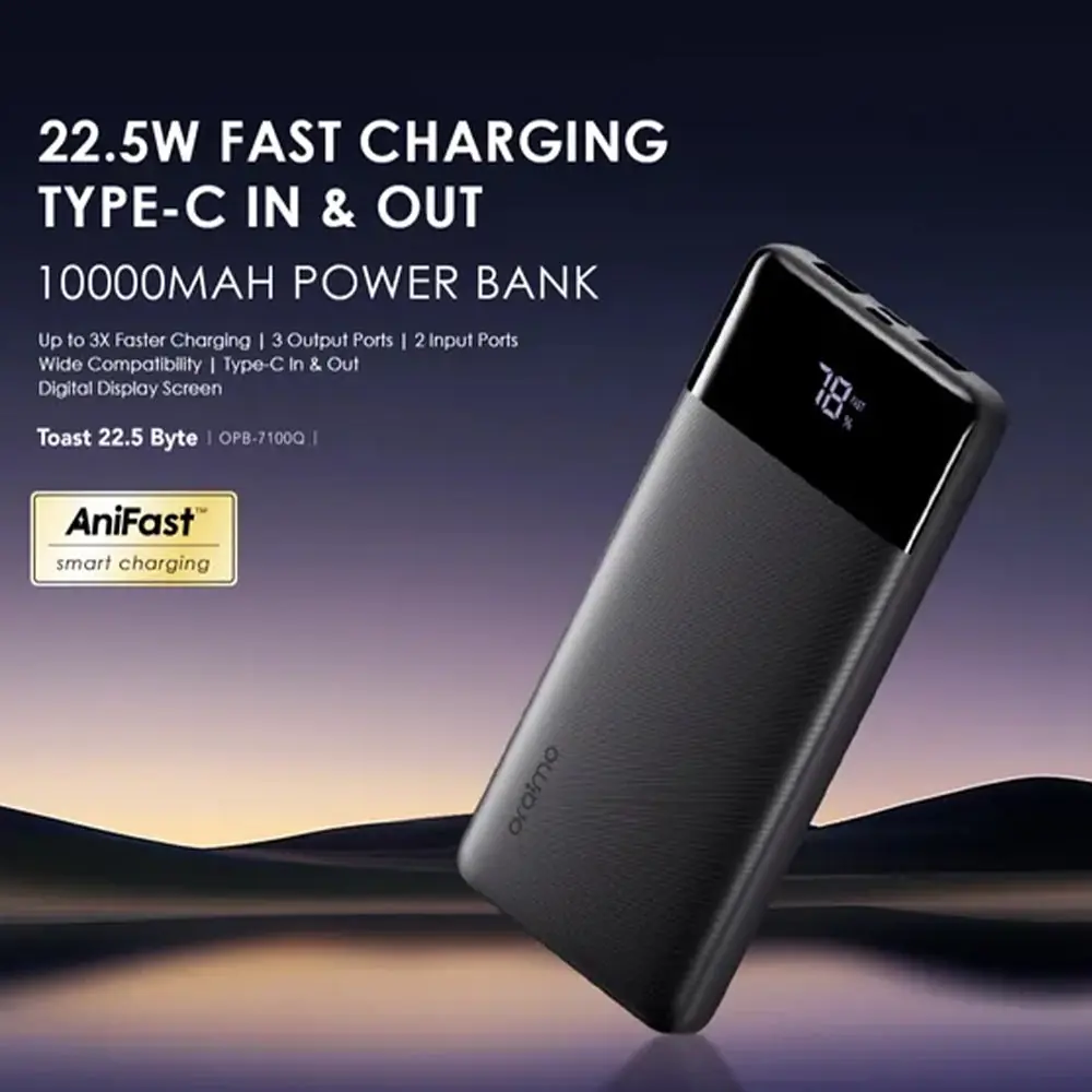 Oraimo Toast 22.5 Byte OPB-7100Q Power Bank 2x USB + Type-C + Micro 22.5W Fast Charging 10000mAh - Black Oraimo Toast 22.5 Byte OPB-7100Q Power Bank 2x USB + Type-C + Micro 22.5W Fast Charging 10000mAh - Black