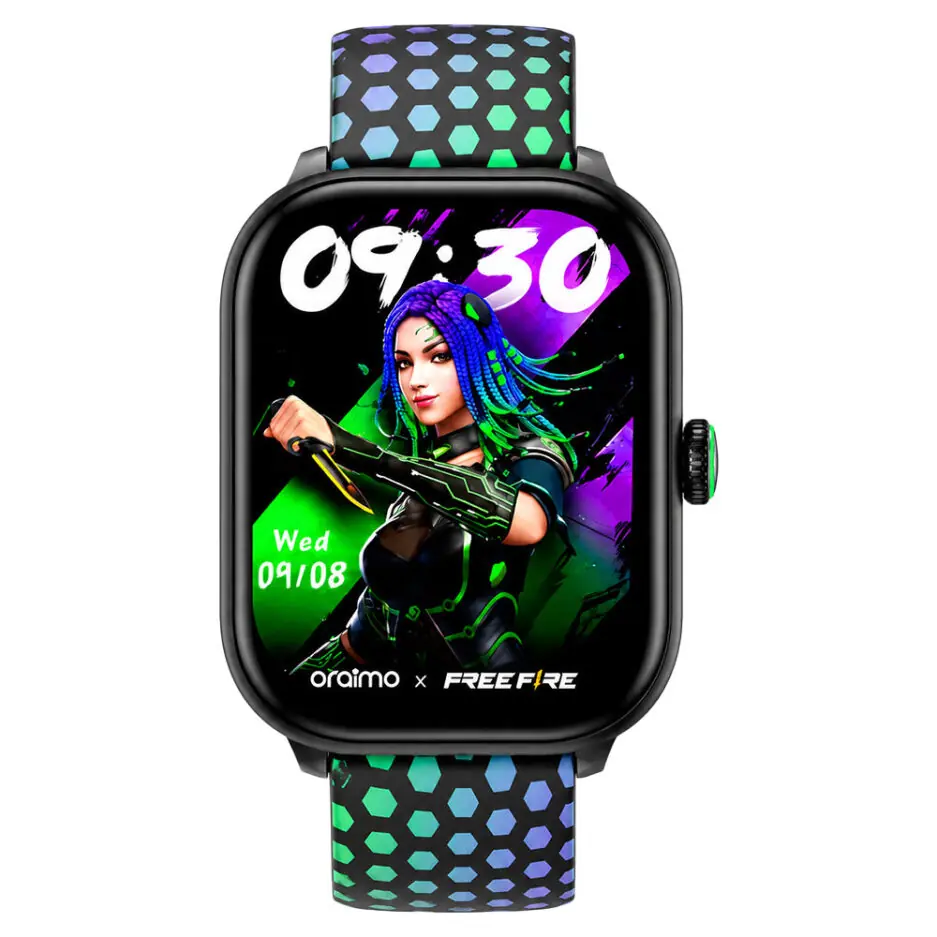 Oraimo Watch 6 Moco X Free Fire OSW-809 Smart Watch Black Case With Shadow Green Silicone Strap