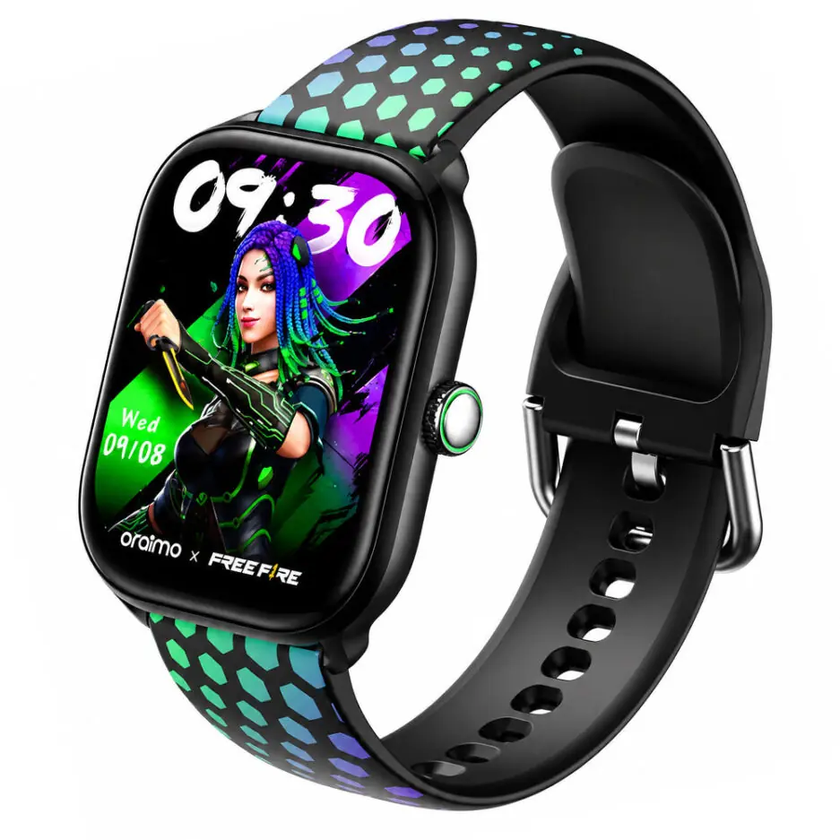 Oraimo Watch 6 Moco X Free Fire OSW-809 Smart Watch Black Case With Shadow Green Silicone Strap
