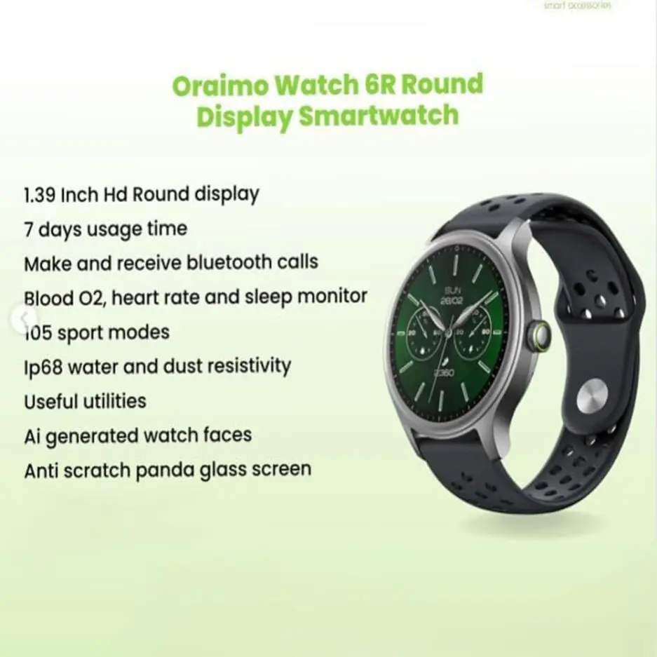 Oraimo Watch 6R OSW-823 Smart Watch Chrome Case With Black Silicone Strap