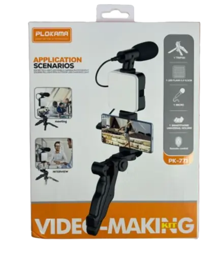 Plokama PK-771 Video Making KIT 5 in 1 (Tripod - LED Light 6.5cm - Microphone - Phone Holder - Remote Control)
