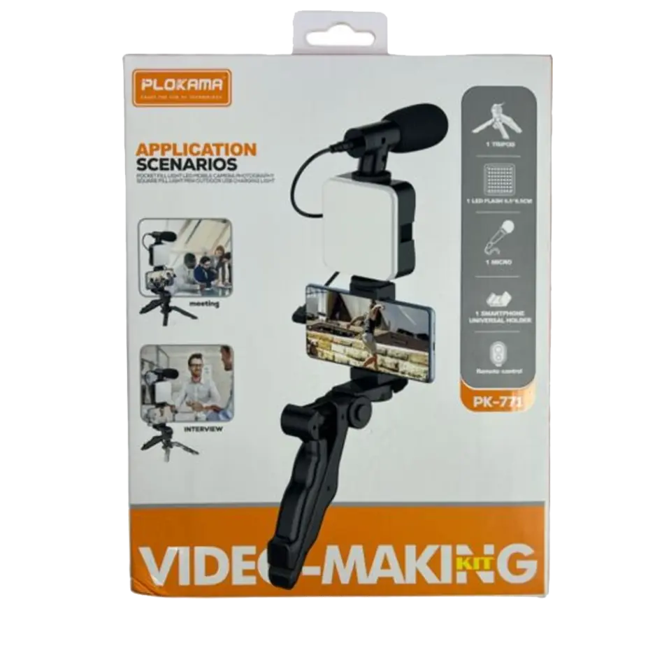 Plokama PK-771 Video Making KIT 5 in 1 (Tripod - LED Light 6.5cm - Microphone - Phone Holder - Remote Control)