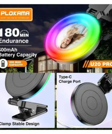 Plokama U20 PRO Rechargeable RGB Ring Light 6.8cm x 1.3cm x 9.9cm with Phone Buckle