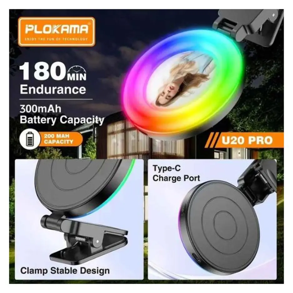Plokama U20 PRO Rechargeable RGB Ring Light 6.8cm x 1.3cm x 9.9cm with Phone Buckle