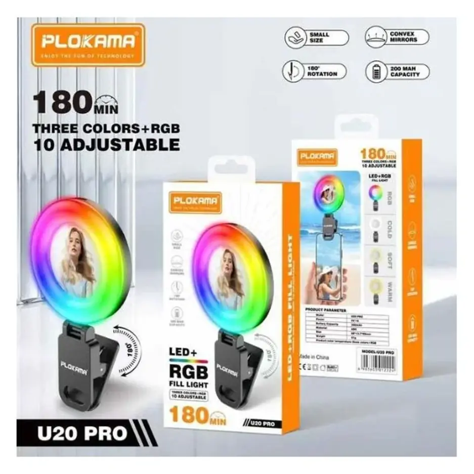 Plokama U20 PRO Rechargeable RGB Ring Light 6.8cm x 1.3cm x 9.9cm with Phone Buckle