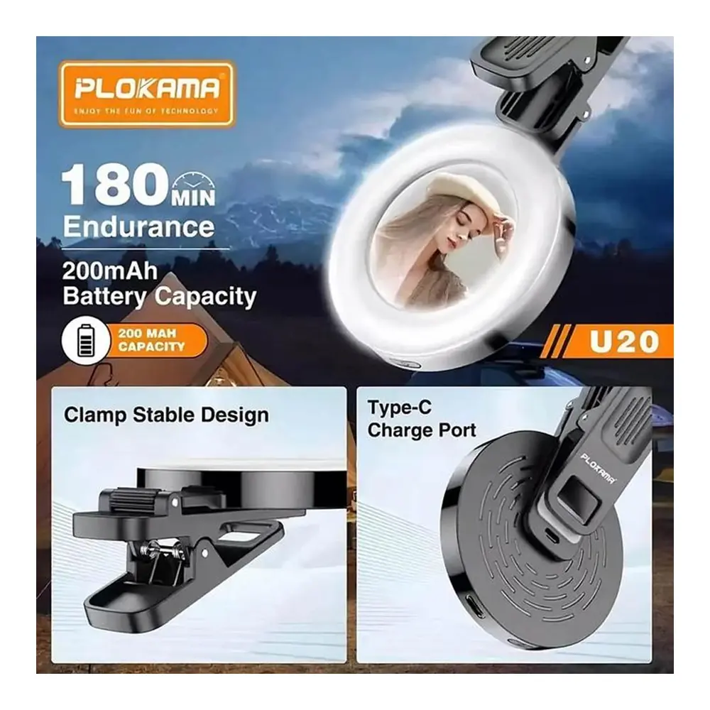 Plokama U20 Rechargeable LED Ring Light 6.8cm x 1.3cm x 9.9cm With Phone Buckle Plokama U20 Rechargeable LED Ring Light 6.8cm x 1.3cm x 9.9cm With Phone Buckle