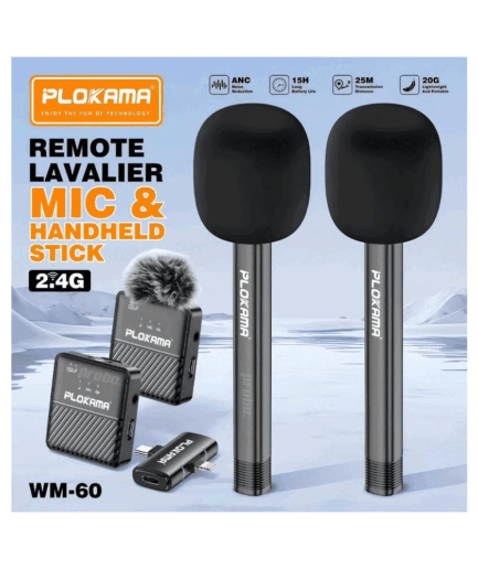 Plokama WM-60 Combo 2.4 GHz Dual (Lightning - Type-C) Wireless Remote Lavalier Microphone & Handle Stick