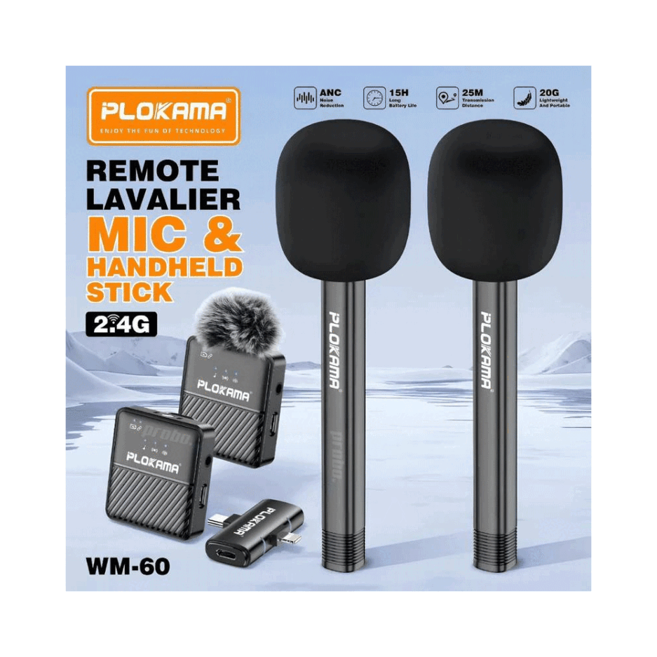 Plokama WM-60 Combo 2.4 GHz Dual (Lightning - Type-C) Wireless Remote Lavalier Microphone & Handle Stick